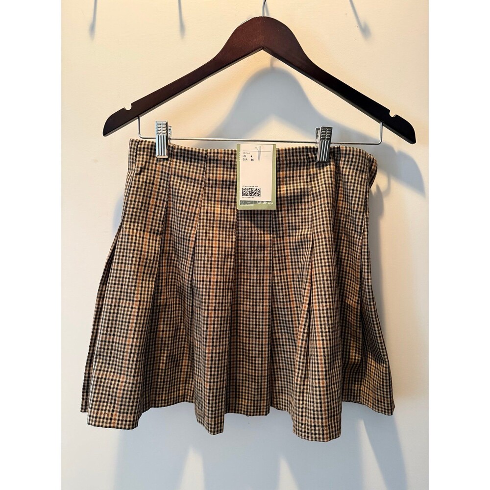 H&M Brown Plaid Pleated Mini Skirt - Small NWT - Picture 1 of 4